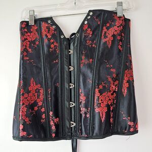 Satin Black Red Floral Corset Medium Lace Up Bustier Waist Cincher Feminine Goth